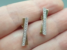 9ct Yellow White Gold Diamond Stud Earrings 9K Real Diamond X Bar Studs 1.83g