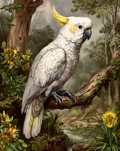 White cockatoo with yellow - white,