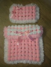 Dolls Pram Blanket Set. Pompom Blanket