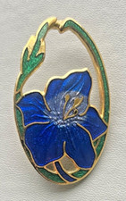 Vintage Cloisonne Blue Lily Brooch signed Fish & Crown