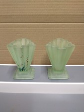 2 x Vintage Art Deco Bagley Green Frosted Satin Small VASES Depression Glass 