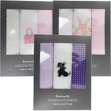WOMENS LADIES 100% COTTON HANKIES HANKERCHIEFS MULTI PACK OF 3 GIFT BOX 24X24 CM