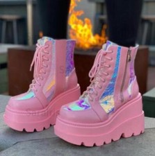 Womens Goth Punk Ankle Boots Lace Up Chunky High Heel Creepers Platform Shoes