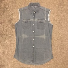 MHI by Maharishi Sleeveless Denim Chambray Shirt 100% Cotton Size Small Vintage