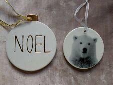 2 White Ceramic Flat Baubles Noel  & Polar Bear Christmas Decorations