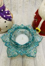 Handmade Unique Teal Glitter Resin Lotus Flower Tealight Candle Holder. Gift