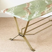 Vintage 70s Faux Green Onyx Top Coffee Table with Metal Leg Frame & Lower Shelf