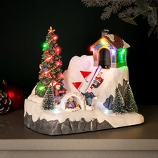 Christmas Village Scene Decoration Sledging Ornament LED Lighting Musical Decor
