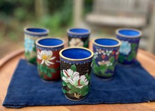 Set 6 Chinese Cloisonné Beakers Floral Enamel Cups Vintage Export 7.5cm Tall