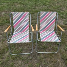 Vintage 1970s Striped Folding Deck Chairs x2 With Wooden Arm Rests - Camper