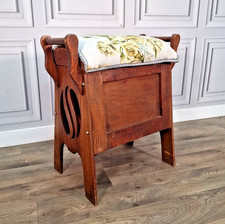 Antique Arts & Crafts Oak Music Piano Stool Lift Top Storage Carved Sides Wood