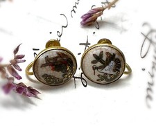 ANTIQUE Japanese Satsuma Button Earrings SCREWBACK Crane Oriental Painted Scenes