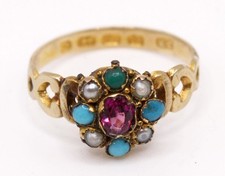 Antique, Victorian,12ct Gold Ring, Turquoise, Pearl & Amethyst SIZE N B'ham 1865