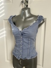 Brandi Melville Blue & Cream Gingham Check Gypsy Milkmaid Wench Top XS 6 8
