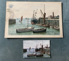 Original Watercolour By A R Quinton Harbour Whitstable + Salmon Postcard C1920
