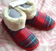 LADIES M&S TARTAN CHECKED FAUX FUR CUFF SLIPPER BOOTS UK SIZE 4 EU 37 - BNWT