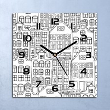 Glass Wall Clock Doodle city Funky buildings Navy drawing Minimalist s 30x30