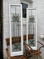 2x Reclaimed vintage stained glass window panel - H 137.5cm x W 35.5cm x D 4cm