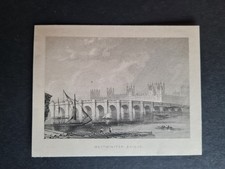 Antique 1851 print - Westminster Bridge - River Thames - London