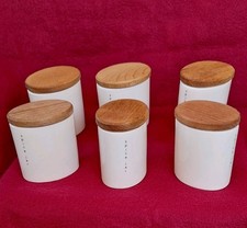 Set Of 6, small  Wade "Ovation" Cream Pottery Spice Jars With  Wooden Lids.