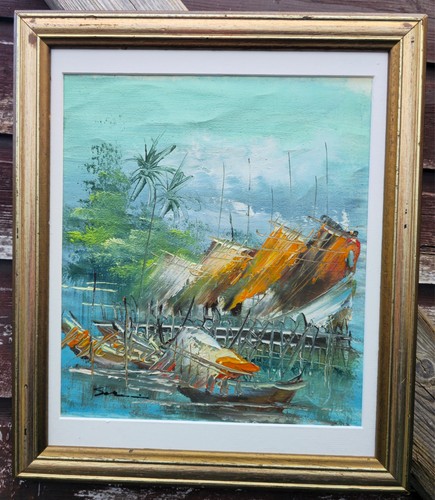 Oil painting boats river scene - oil,