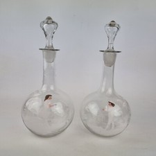 Antique Pair Clear Glass Mary Gregory Decanters Decorated With Boy & Girl 23cm