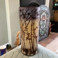 Tall Acid Etched Art Glass Vase Amethyst Hue Art Nouveau Émile Gallé Style.