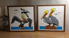 Vintage Pelican Handpainted  Tile Signed Wood Frame Hanger 1981 Mako Largo USA 