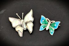Two Vintage Sterling Mexican Abalone Mother Of Pearl & Enamel Butterfly Brooches