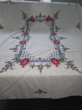 Vintage Cream Embroidered  Tablecloth 50x65  Inches