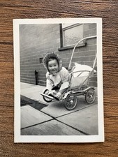 Vintage 1950s Real Photograph Cute Smiling Baby Toddler Bonnet Pushchair Pram