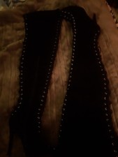 S7 Black Real Suade, Heel 6inch Lace Up Thigh Boots From Top Leg To Tip Of Foot.