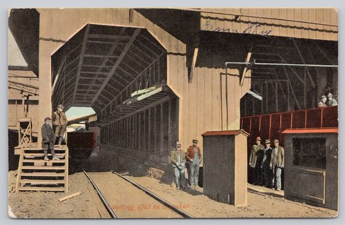 Postcard railroad loading coal - railroad,