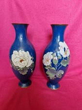 Pair Chinese Cloisonné Vases — 12" Prussian Blue, Peonies & Butterflies