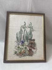 Vintage Tapestry Picture Completed Needlepoint Field Mouse Autumn Framed