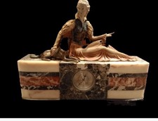 Antique Art Deco French Mantle Clock With Garnitures Exquisite Lady With A Dog