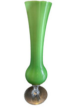 Vintage 8” Empoli Green Glass Bud Vase White Cased Clear Footed Twisted Stem