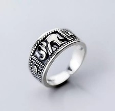 925Sterling Silver Retro Elephant Gridded Adjustable Ring Womens Men Girls Gift*