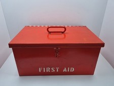 Large 16" Vintage Industrial First Aid Metal Box Red with White Lettering Prop