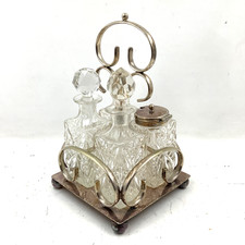 Antique Cut Glass Cruet Set On EPNS Silver Plated Stand 4 Pieces