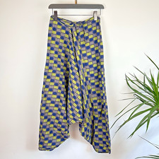 Fabindia Harem Trousers XS Blue Green Check Button Fly Hippie Boho Festival