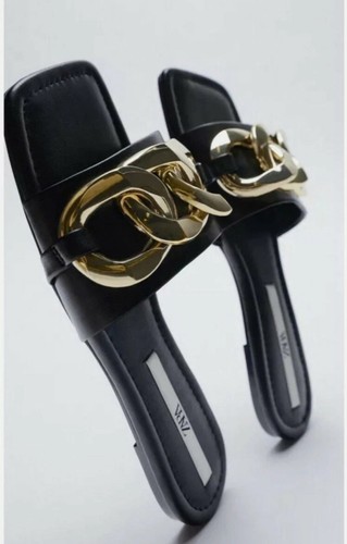 Black zara gold chain sandals - black,