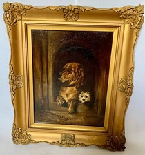 Antique Victorian Oil Painting Terrier Dog 19th Century