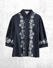 Ex Seasalt Women’s ¾ Button Up Swan Cotton Blouse in Navy Bloom Welly