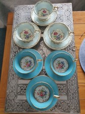 6 Aynsley Blue, Gold Floral Tea Cups & Saucers