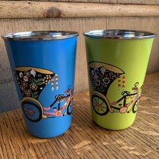 KASHMIRI Rickshaw Bike Enamel & Stainless Steel Tumbler / Cup Hand Painted x 2 