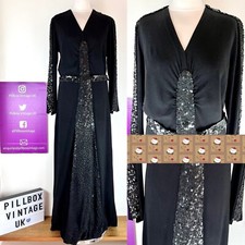 1930s Vintage Crepe Dress Size U.K. 12 Ginger Rodgers Stunning Black Sequin