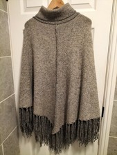 Zara Knit Roll Neck Fringed Poncho Cape Neutral Beige Size M