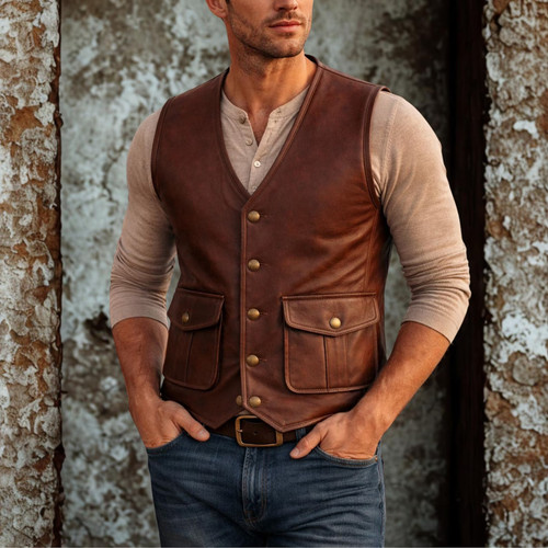 Men leather vest brown - leather,