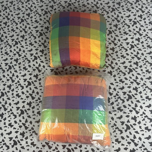 Vtg rainbow plaid cushion - 2x,